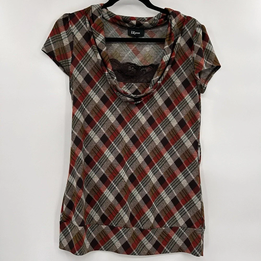 Iz Byer Womens Y2K Cap Sleeve Plaid Top Size‎ Medium Brown Academia Grunge Bratz